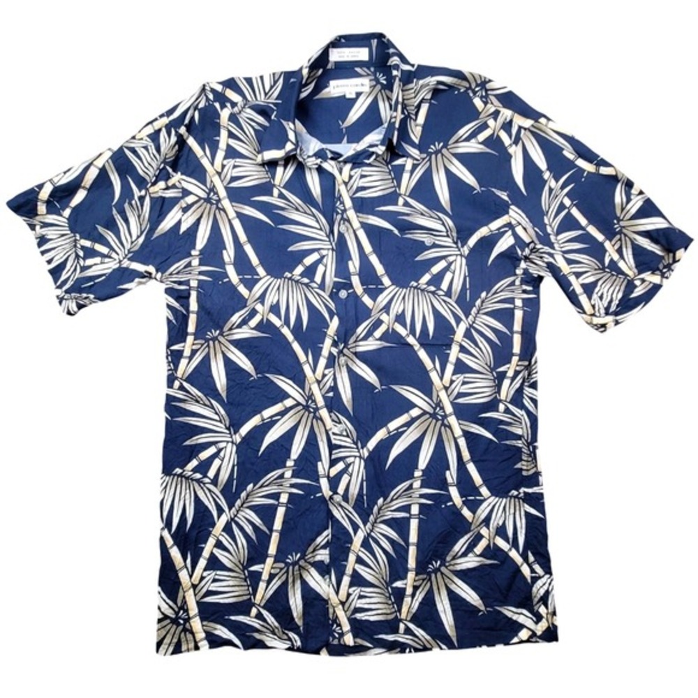Pierre Cardin Mens‎ Rayon Bamboo Leaf Print Vintage Button Up Shirt Navy Medium